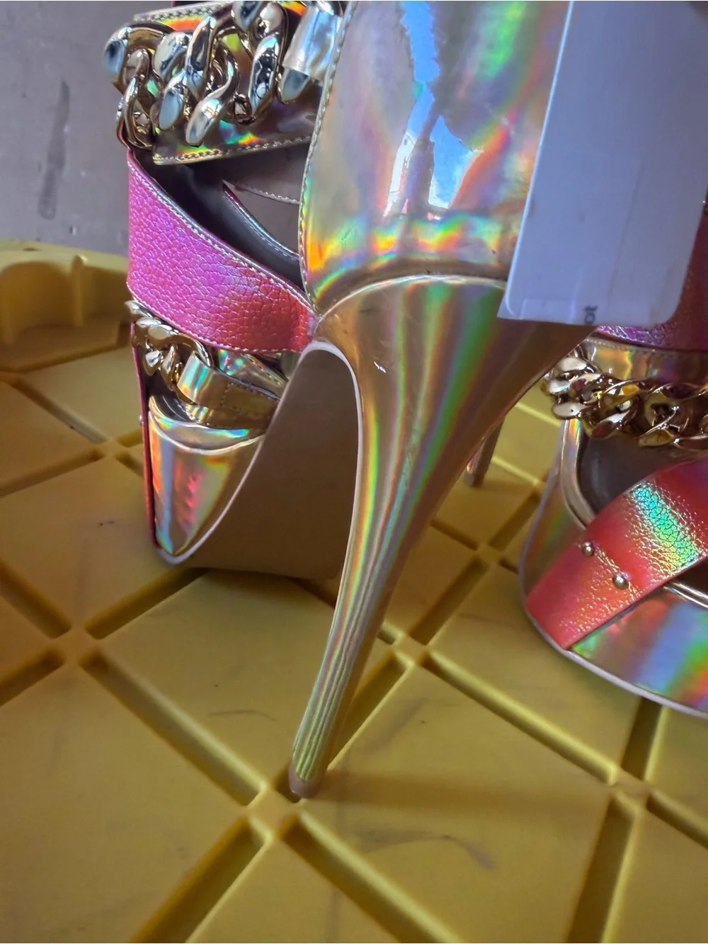 Shoe Republic LA Iridescent Pink Platform Heels with Gold Chain